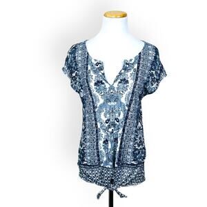 LUCKY BRAND Blue Floral Tie Waist Boho Short Sleeve Split Neck Tee SMALL Casual